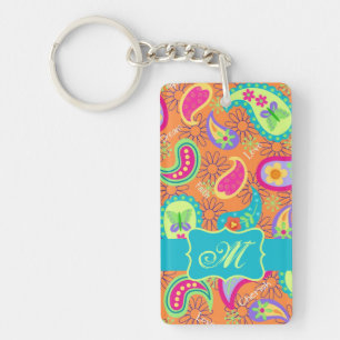 Orange Turquoise Moderne Paisley Motif Monogramme