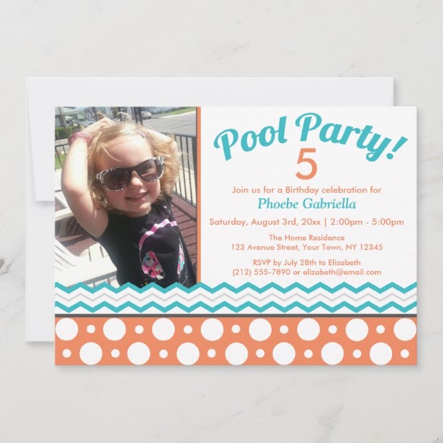 Orange & Turquoise Pool Party Invitations d'annive (Devant)