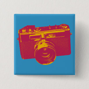 Orange u. rote Pop-Kunst-Kamera Button