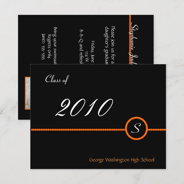 Orange u. schwarze Monogramm-Foto-Einladung Einladung (Vorne/Hinten)