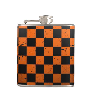 Orange u. schwarzes Schachbrett-Vinyl Flachmann
