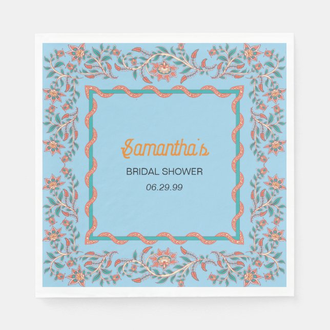Orange und Aqua Blue Floral Brautparty Serviette (Vorderseite)