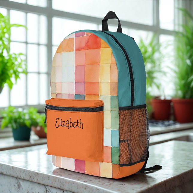 Orange und Aquamarine Karierte Wasserfarbe Bedruckter Rucksack (Von Creator hochgeladen)