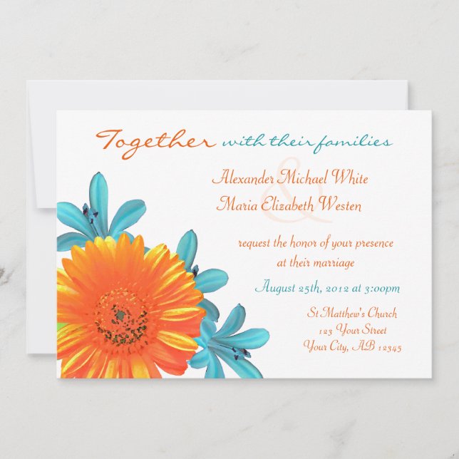 Orange und Aquamarine Sommerhochzeiten Blume Einla Einladung (Vorderseite)