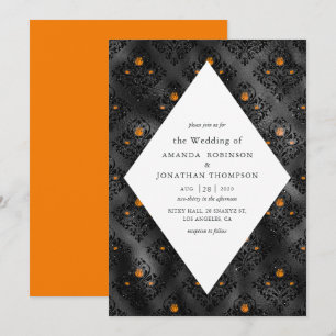 Orange und Black Glam Imitate Foil Damask Wedding Einladung
