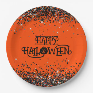 Orange und Black Glitzer Happy Halloween Pappteller