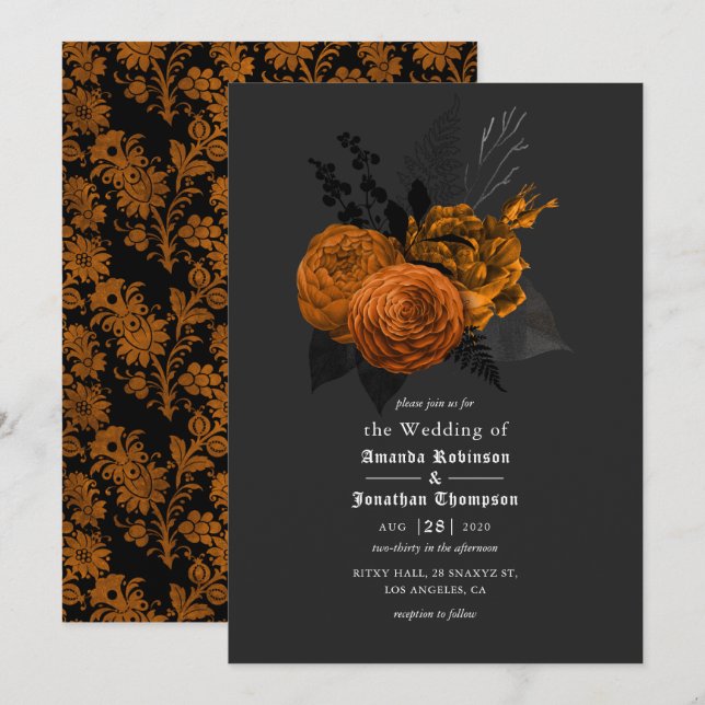Orange und Black Gothic Einladung zur Hochzeit (Vorne/Hinten)