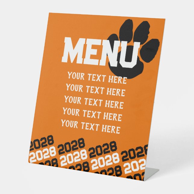 Orange und Black Pawprint Abschluss Menü Party Sockelschild (Vorderseite)