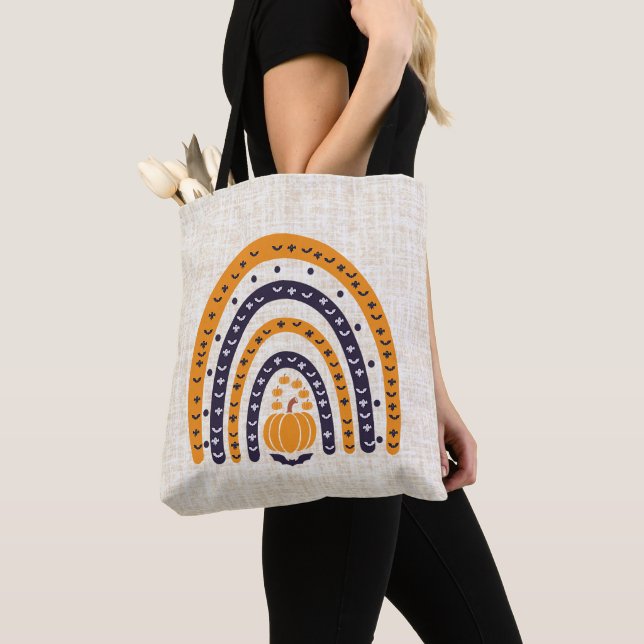 Orange und Black Rainbow Burlap Halloween Tasche (Von Nahem)
