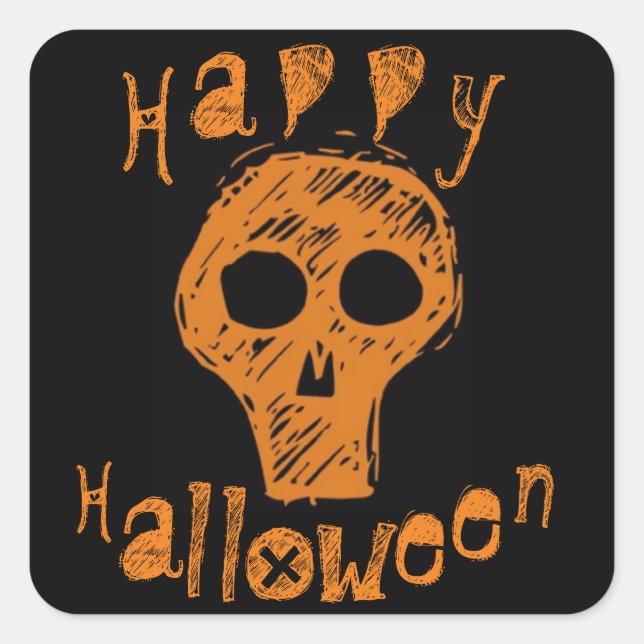 Orange und Black Skull Happy Halloween Quadratischer Aufkleber (Vorderseite)