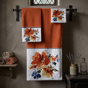 Orange und blaue Aquarell-Blumen Badhandtuch Set