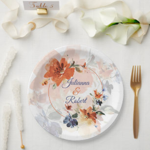 Orange und blaue Aquarell-Herbst-Blumenhochzeit Pappteller
