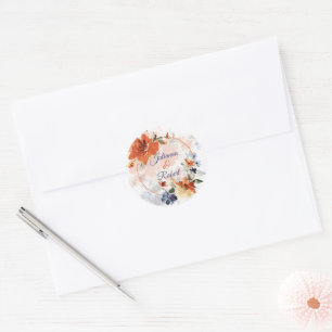 Orange und blaue Aquarell-Herbst-Blumenhochzeit Runder Aufkleber