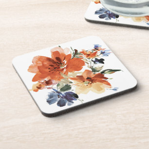 Orange und blaue Aquarellblumen Getränkeuntersetzer