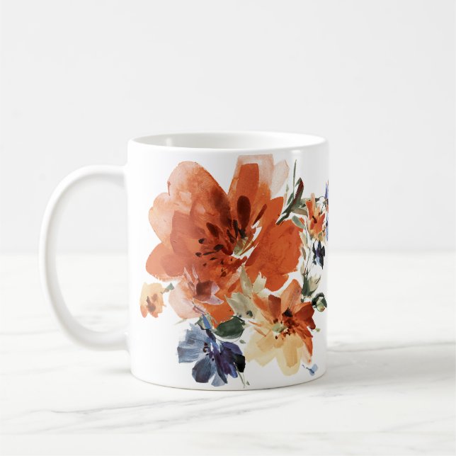 Orange und blaue Aquarellblumen Kaffeetasse (Links)