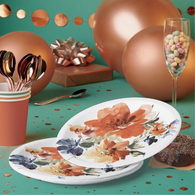 Orange und blaue Aquarellblumen Pappteller (Multi)