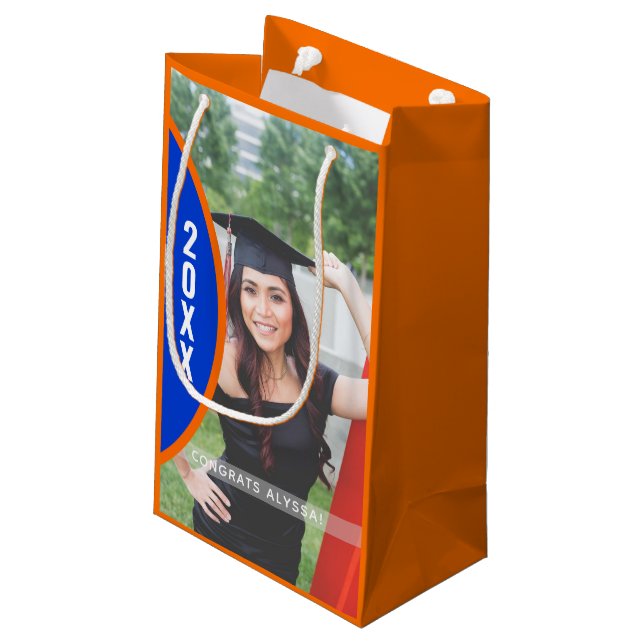 Orange und Blue Abschluss Foto Custom Kleine Geschenktüte (Rückseite Schrägansicht)
