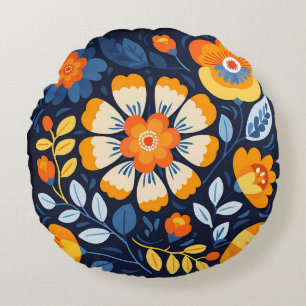 Orange und Blue Bold Retro Blumendarstellung Rundes Kissen