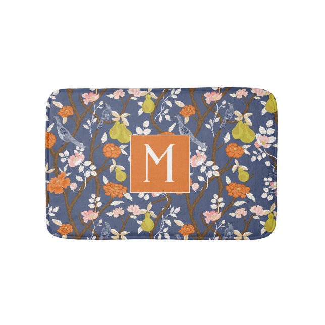 Orange und Blue Chinoiserie Birds Monogram Badematte (Vorderseite)