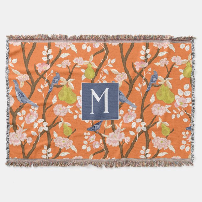 Orange und Blue Chinoiserie Birds Monogram Decke (Vorderseite)