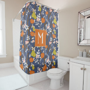 Orange und Blue Chinoiserie Birds Monogram Duschvorhang