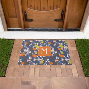 Orange und Blue Chinoiserie Birds Monogram Fußmatte