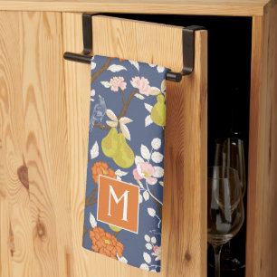 Orange und Blue Chinoiserie Birds Monogram Geschirrtuch