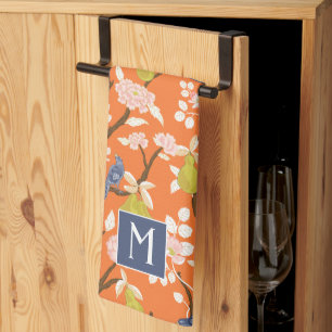 Orange und Blue Chinoiserie Birds Monogram Geschirrtuch