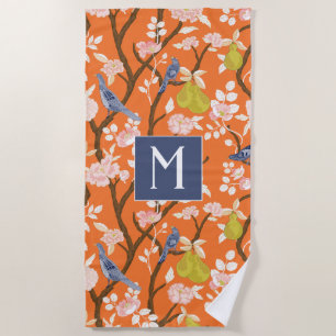 Orange und Blue Chinoiserie Birds Monogram Strandtuch