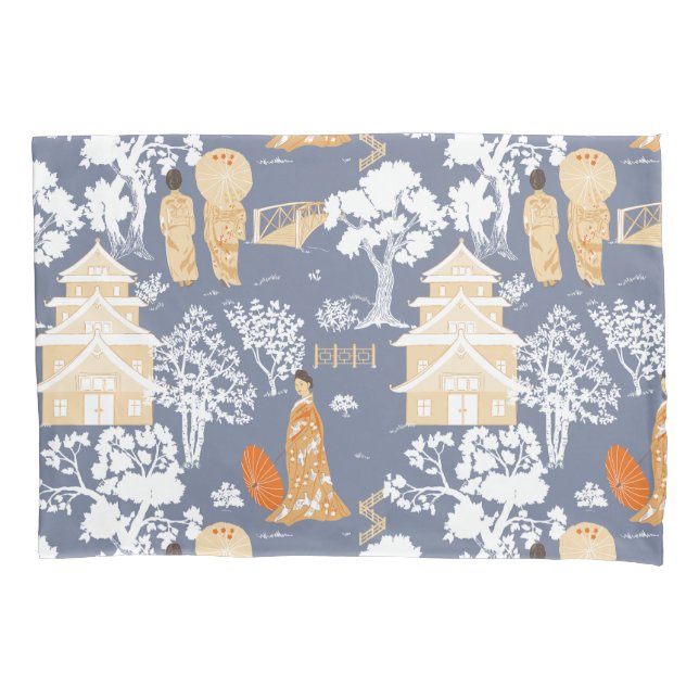 Orange und Blue Chinoiserie Pagodas Kissenbezug (Vorderseite)