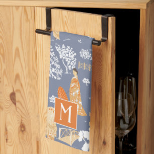 Orange und Blue Chinoiserie Pagodas Monogram Geschirrtuch