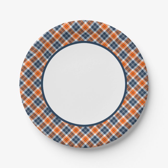 Orange und Blue Sporty Kariert Border Pappteller (Vorderseite)