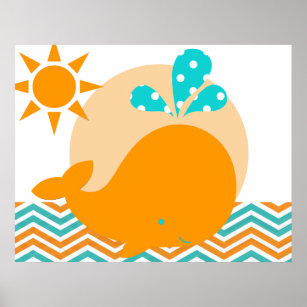 Orange und Blue Whale Kinderzimmer Poster
