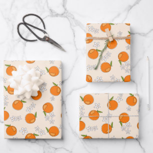 Orange- und Blume-Muster Geschenkpapier Set