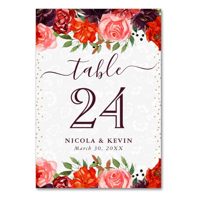 Orange und Brown Autumnal Blume Hochzeit Tischnummer (Vorderseite)