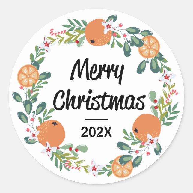 Orange und Candy Cane Merry Christmas Wreath Runder Aufkleber (Vorderseite)