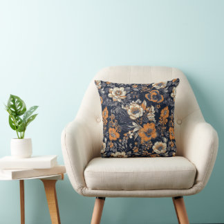 Orange und Cream Batik Florals auf schwarzem Hinte Kissen