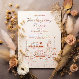 Orange- und Cremes Handgezeichnetes Thanksgiving-D Einladung