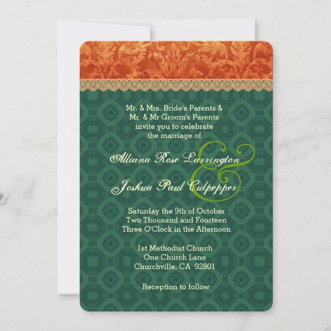 Orange und Forest Green-Damast, der V09 Wedding Einladung (Vorderseite)