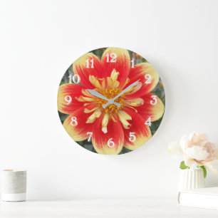 Orange und Gelb Collarette Dahlia Floral Große Wanduhr