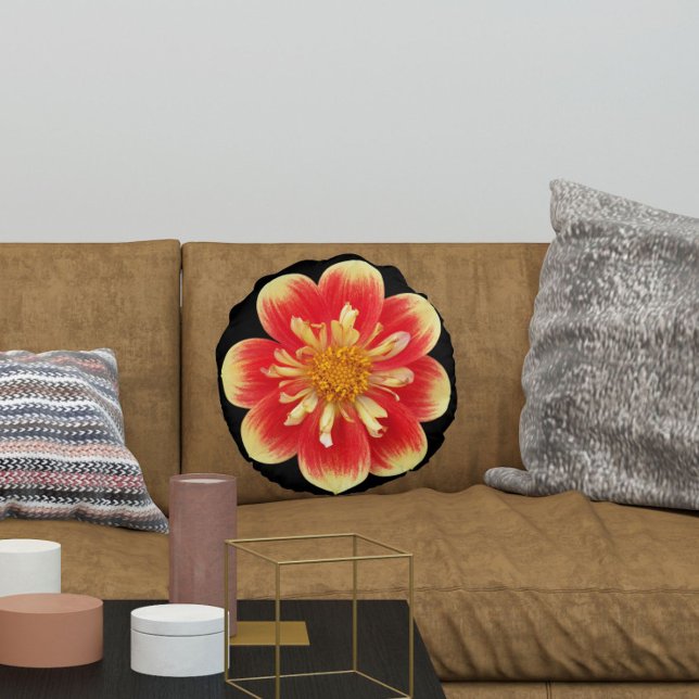 Orange und Gelb Collarette Dahlia Floral Rundes Kissen (In Situ)