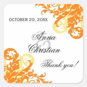 Orange und Gelb Geblüht Gastgeschenk Hochzeit Herb Quadratischer Aufkleber