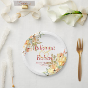Orange und gelbe Aquarell-Blumen-Hochzeitspapier Pappteller