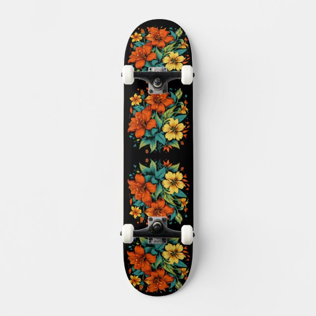 Orange und gelbe Blumen Skateboard (Vorderseite)