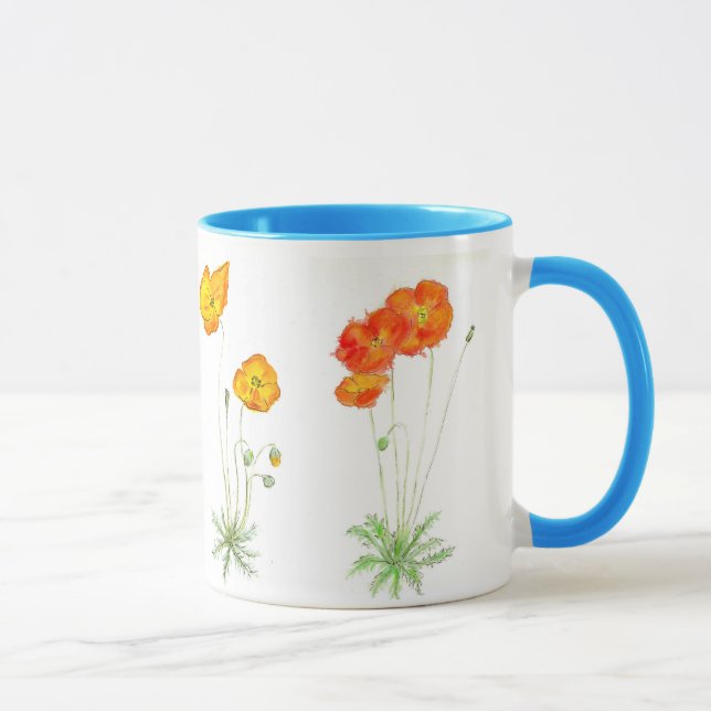 Orange und gelbe Island-Mohnblumen, Wasserfarbe Tasse (Rechts)