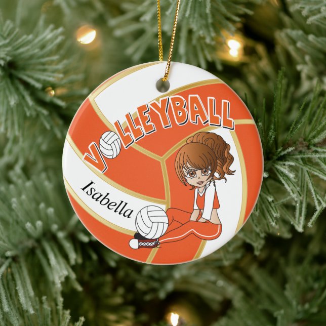Orange und Gold Girl Volleyball Keramik Ornament (Baum)