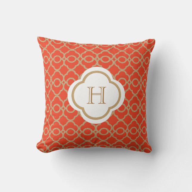 Orange und Goldmarokkanisches Monogramm Kissen (Vorderseite)