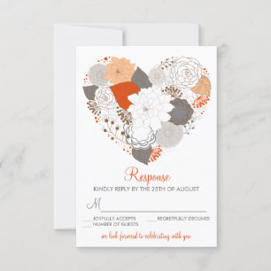 Orange und graue Herzblumen Hochzeit RSVP Karte