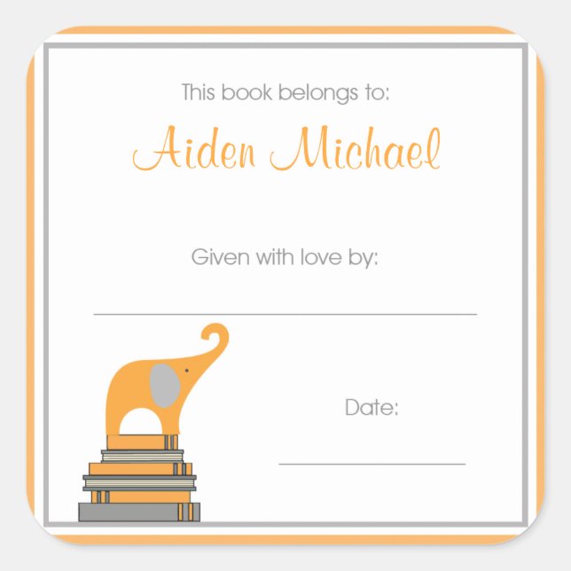 Orange und Gray Elephant Baby Shower Book Plate Quadratischer Aufkleber (Vorderseite)