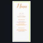 Orange und Grüne Klassik Menükarte<br><div class="desc">Die Rezeption ist in einem inspirierten,  orangefarbenen und grünen Akzent gestaltet und bietet einen hübschen,  weißen Hintergrund mit orangefarbenem Schriftart. Mit "Menu" oben geschrieben mit kursiv orangefarbenem Schriftart,  werden alle Ihre Informationen in orange lesbarem Schriftart auf weißem Hintergrund gedruckt. Passen Sie an,  wie Sie möchten.</div>
